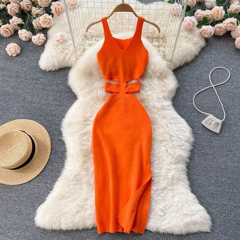 Elegant Summer Bodycon Dress with Cut Out Waist and Split Design for Women
